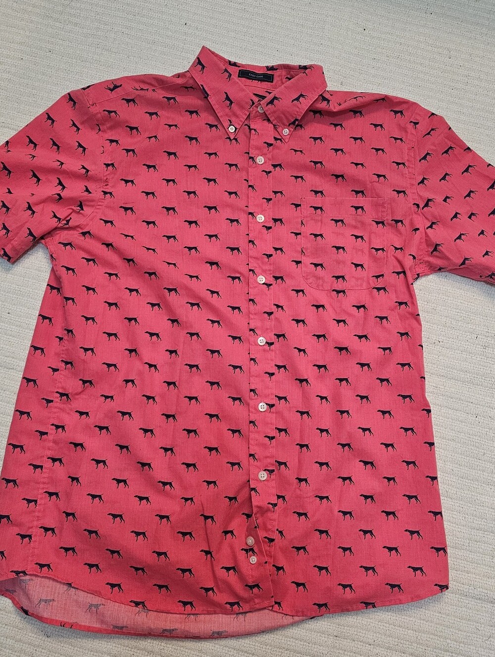 Men's Button-Up Shirt in Bright Pink with Pointer Dog Print. Size Large.